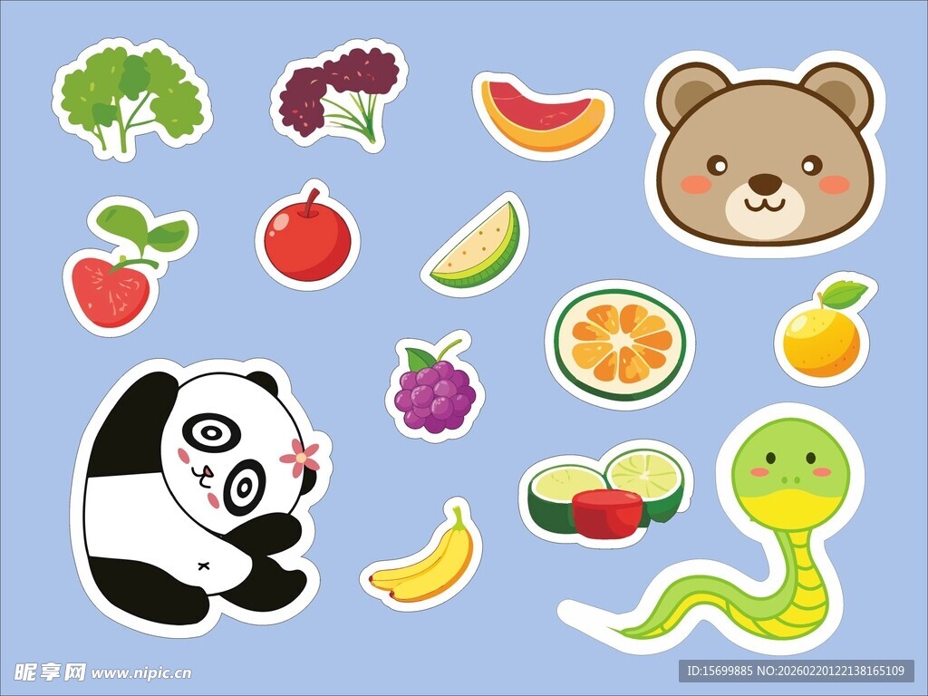 可爱动物与水果卡通贴纸