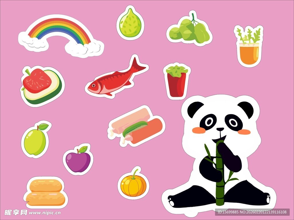 可爱熊猫与多彩食物贴纸