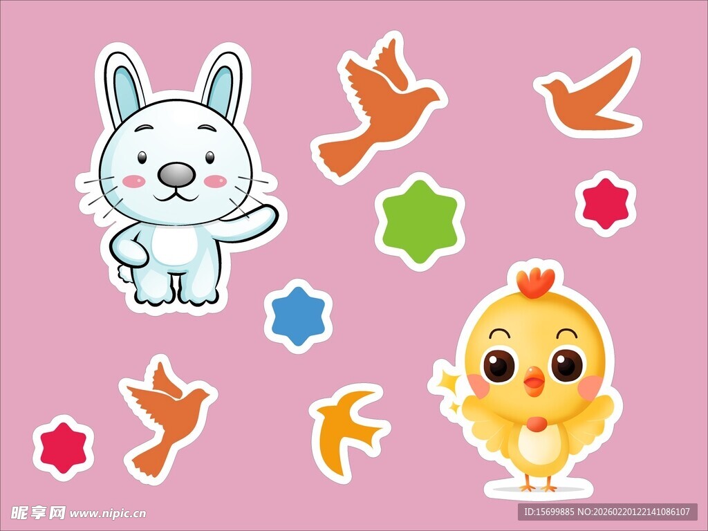 可爱动物贴纸与多彩图形