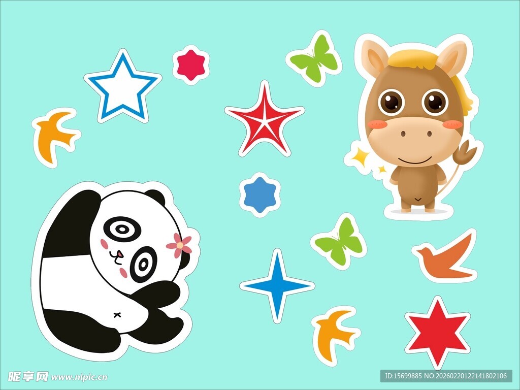 可爱动物与星星贴纸图案