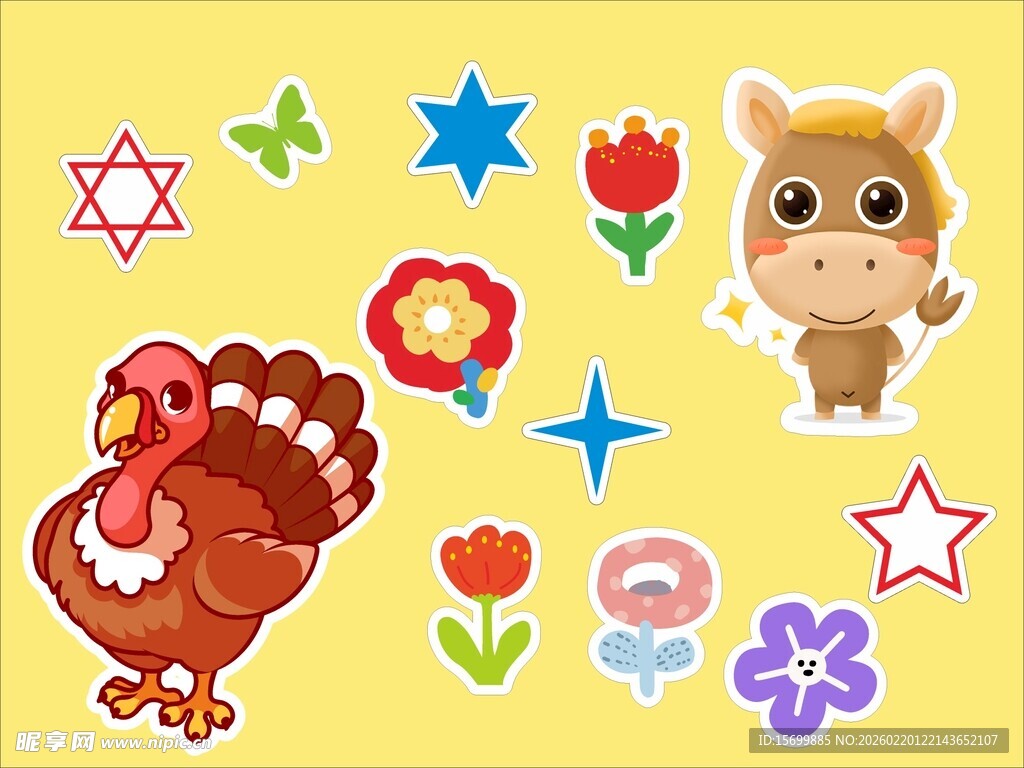 可爱动物与花卉装饰图案