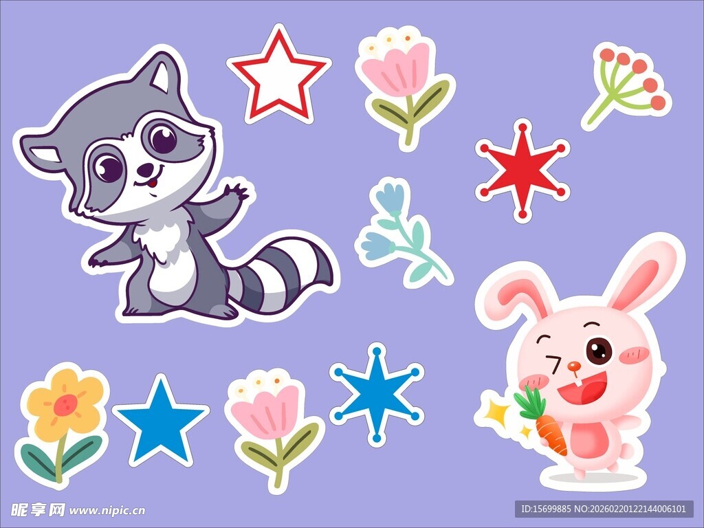 可爱动物与星星花朵贴纸