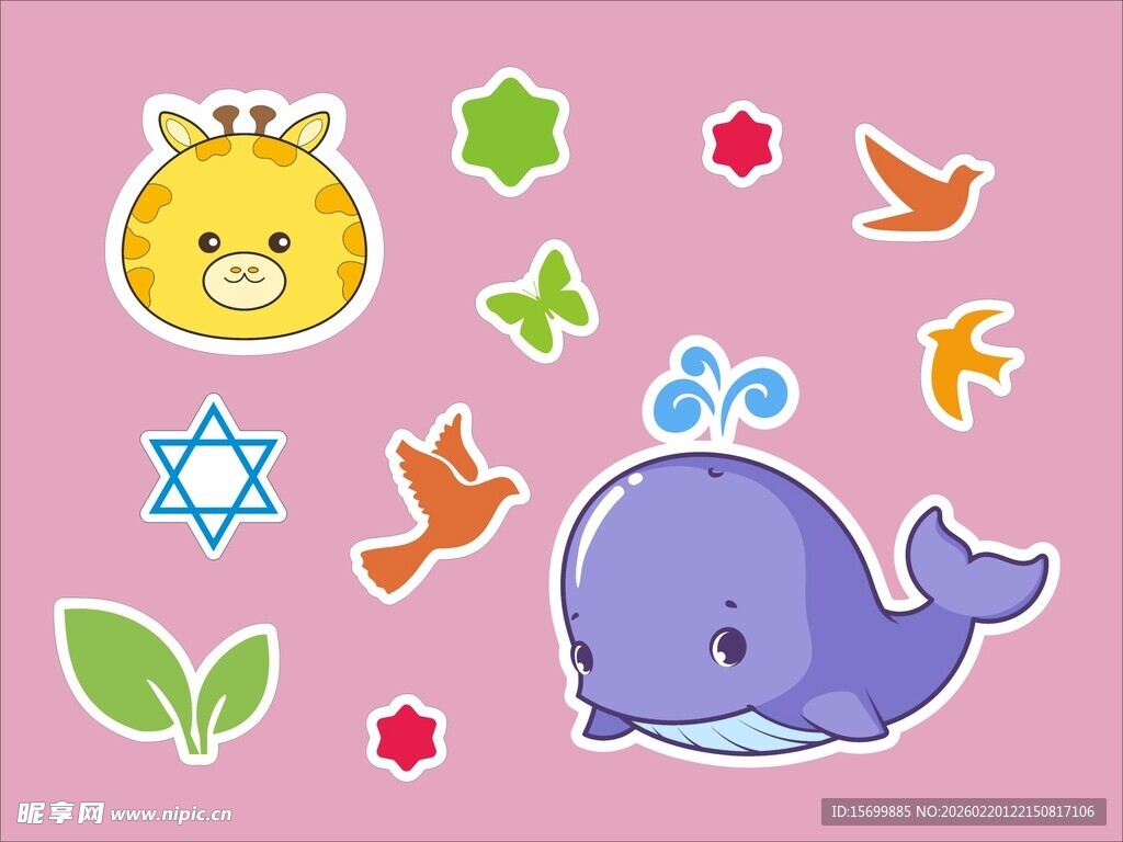 可爱卡通动物与装饰元素