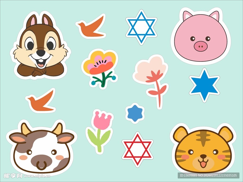 可爱动物与几何图案贴纸