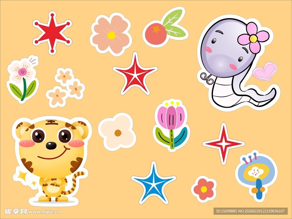 可爱卡通动物与花卉贴纸