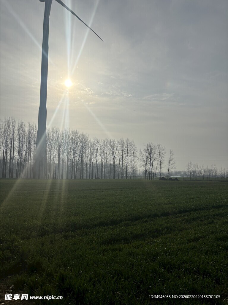 田野上的风力发电机与阳光