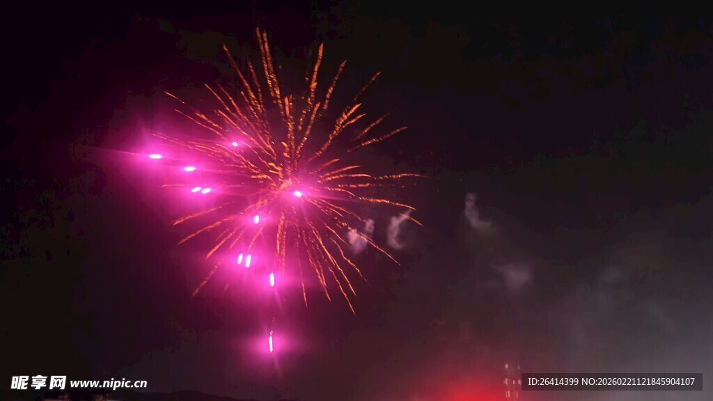 夜空中绚烂的粉色烟花