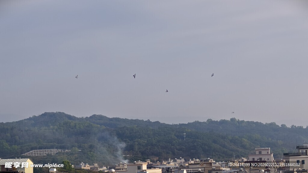 山城远景飞鸟点缀天际