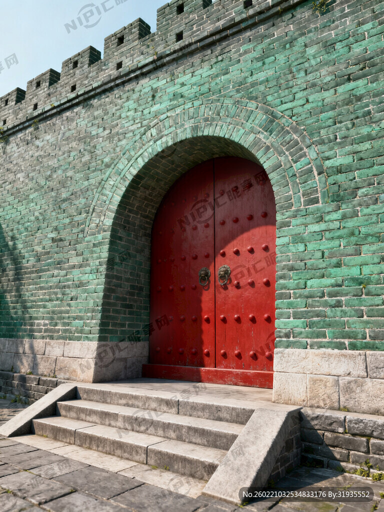 仿古城墙红色的大门  台阶  