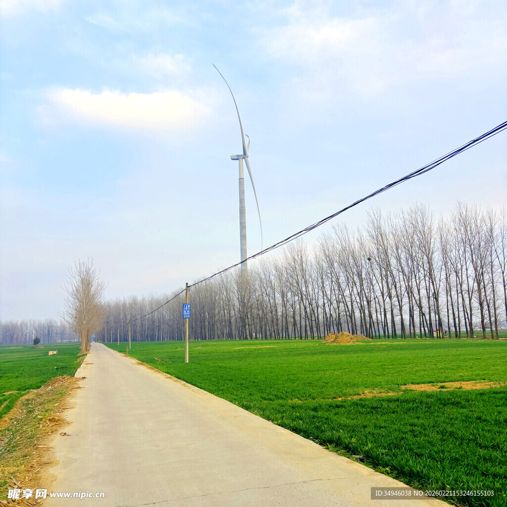 乡间小路旁的风力发电景观