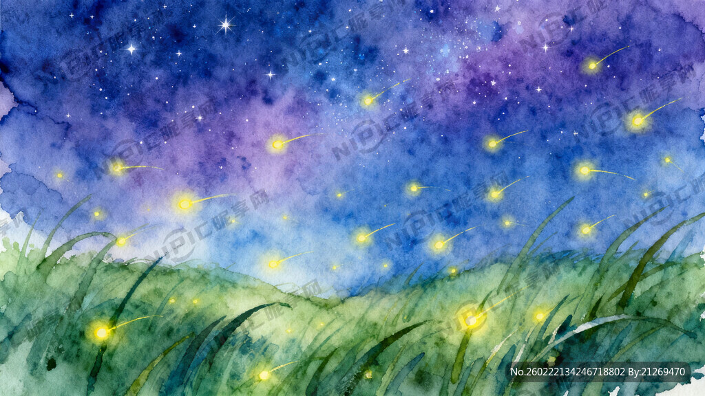 星空 草地 萤火虫 尾部在发光