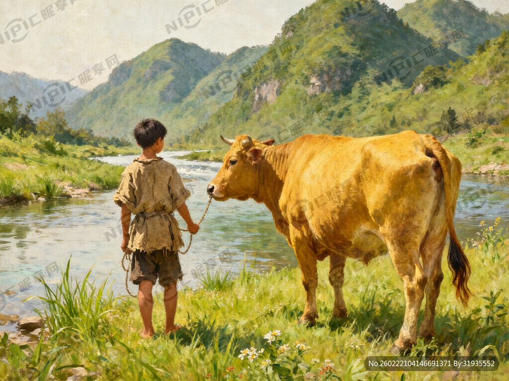 牧童牵黄牛   有山  有水