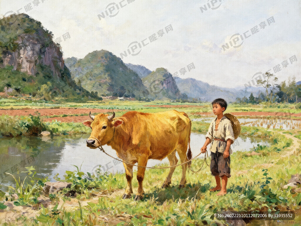 牧童 牵黄牛    有山有水 