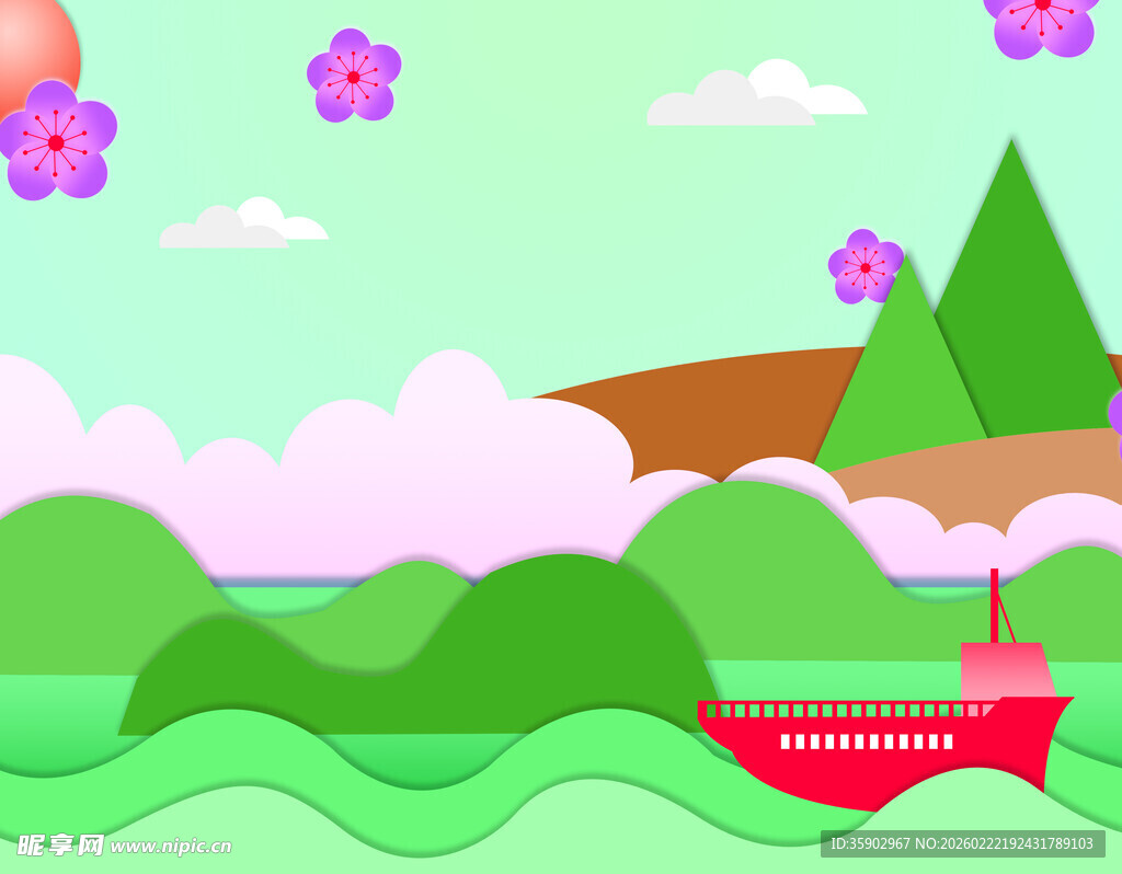 春日山水间的红色小船