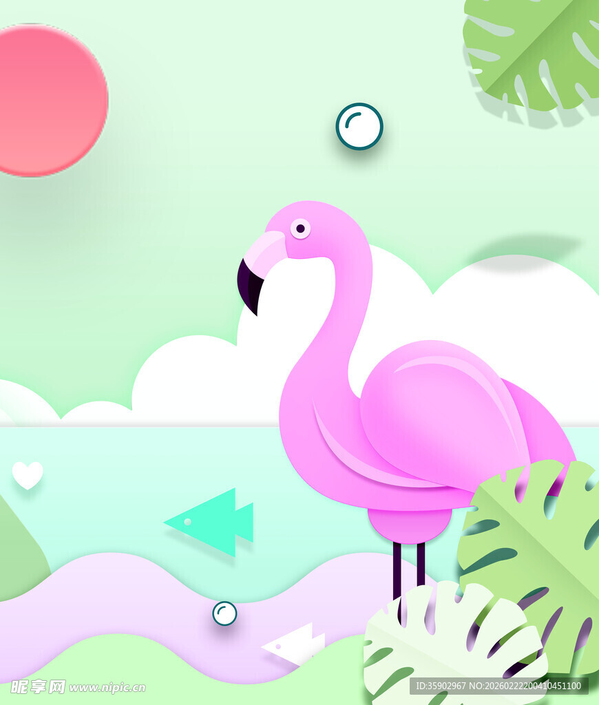 梦幻粉色火烈鸟卡通场景