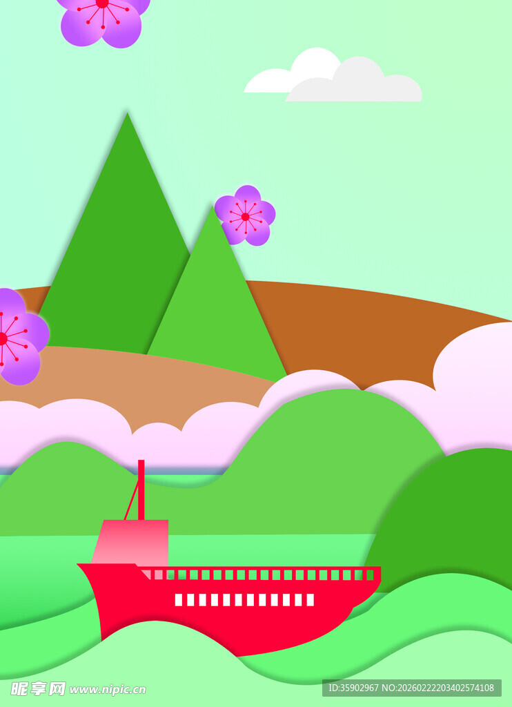 卡通风格的山水行船画面