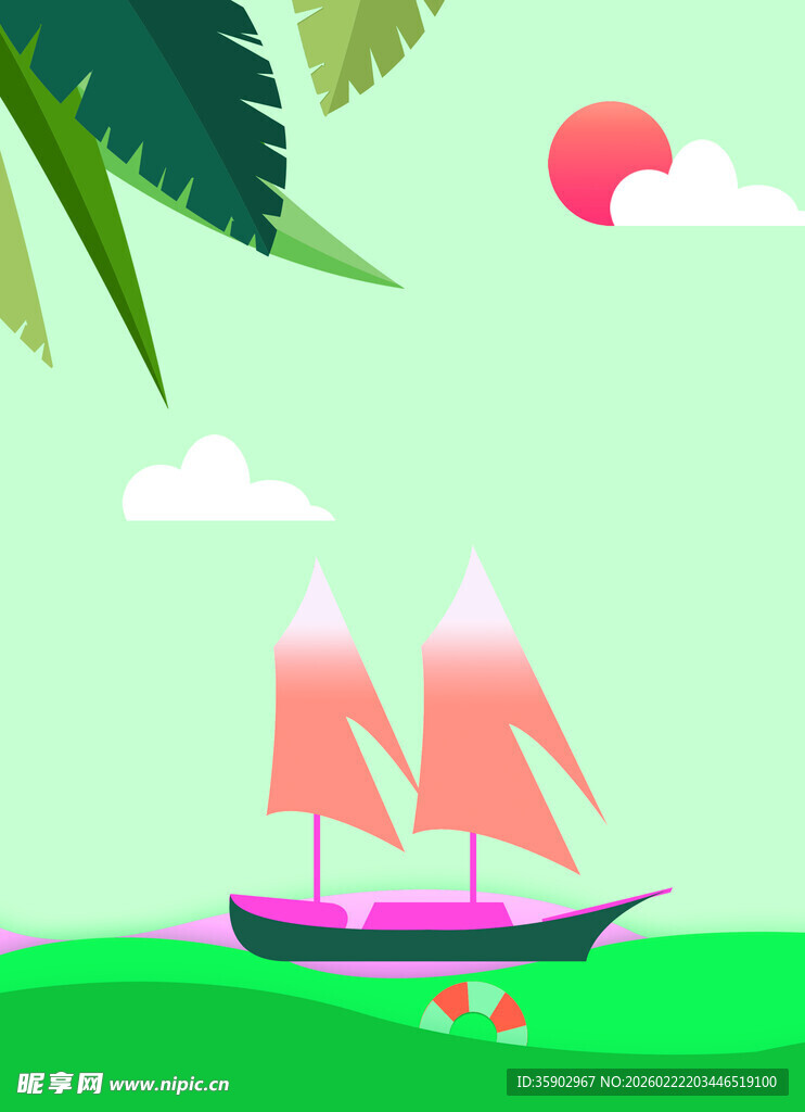 海上帆船伴绿植与红日