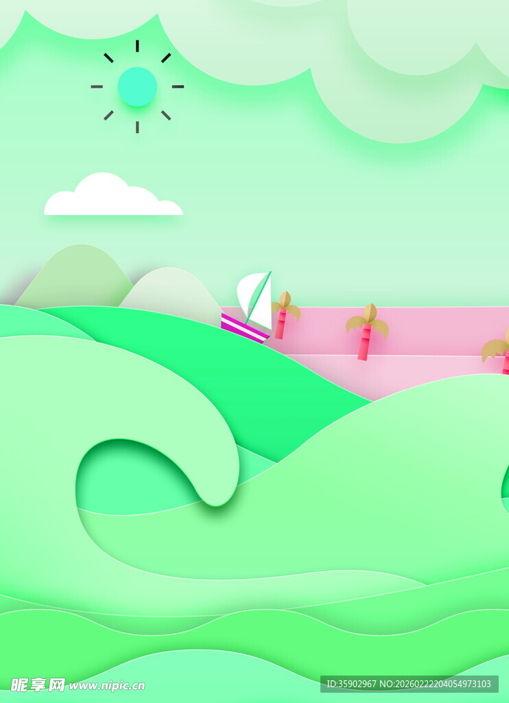 绿色田园剪纸风插画场景