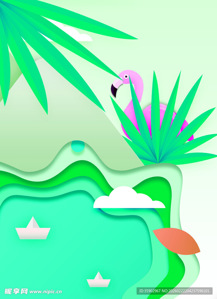 夏日清新水边风景插画