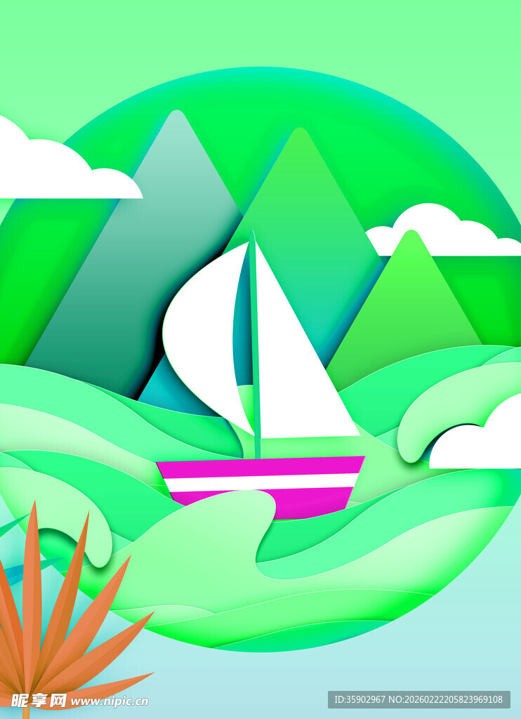 海上帆船航行插画风景