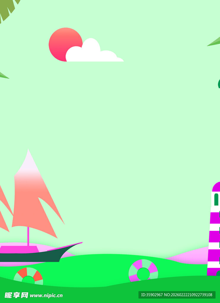 海边帆船与灯塔风景图