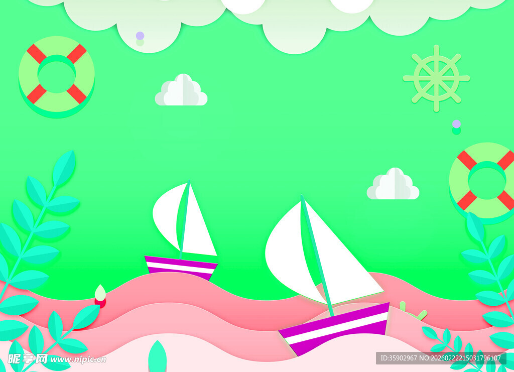 海上帆船插画清新夏日景象