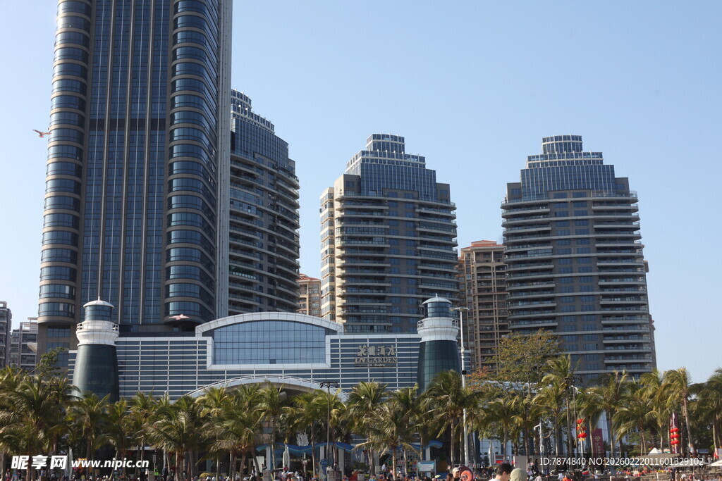 城市高楼与海滨绿植景观