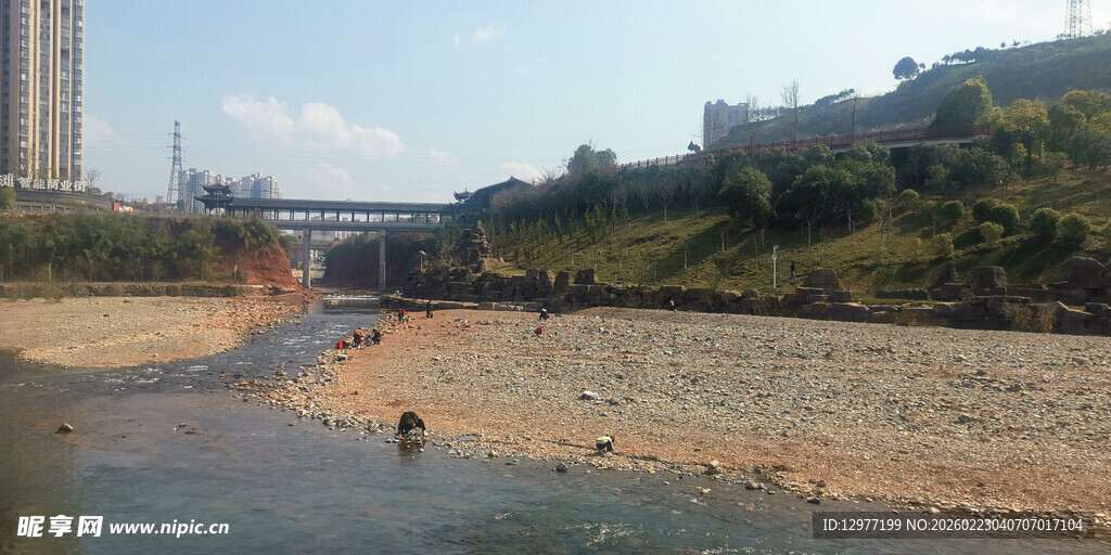 河岸景观 远处有建筑与桥梁