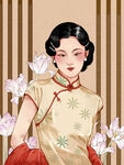 复古旗袍女子与优雅花卉海报