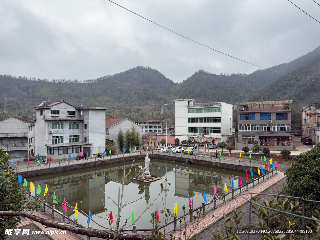 乡村池塘边的多彩景致