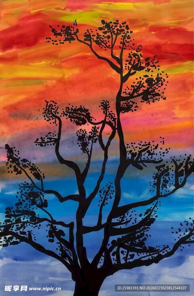 晚霞孤树插画