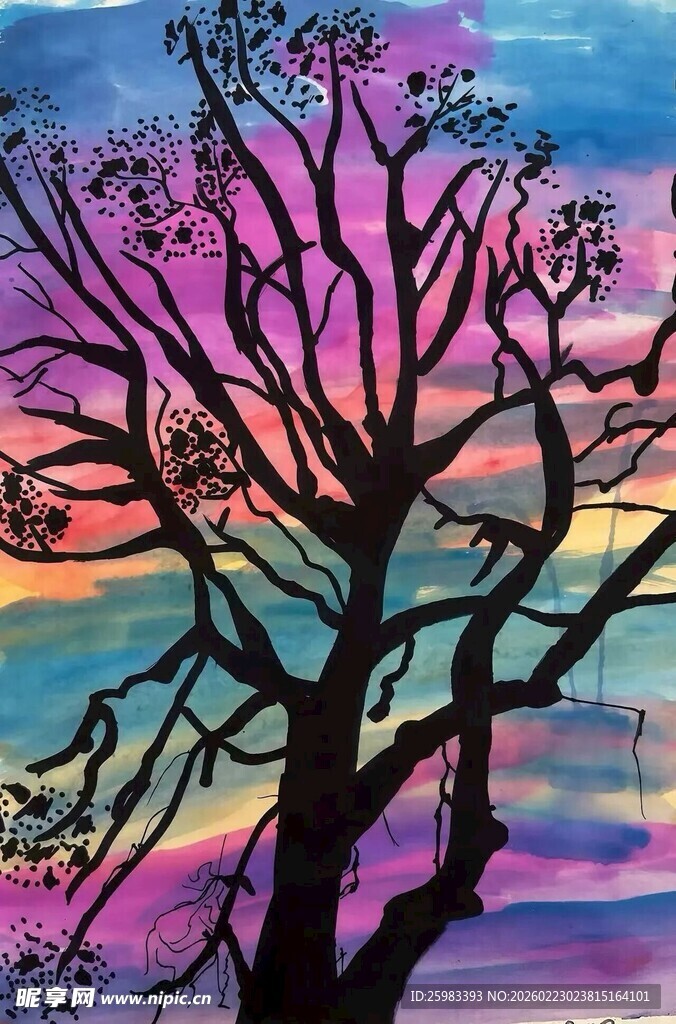 晚霞孤树插画