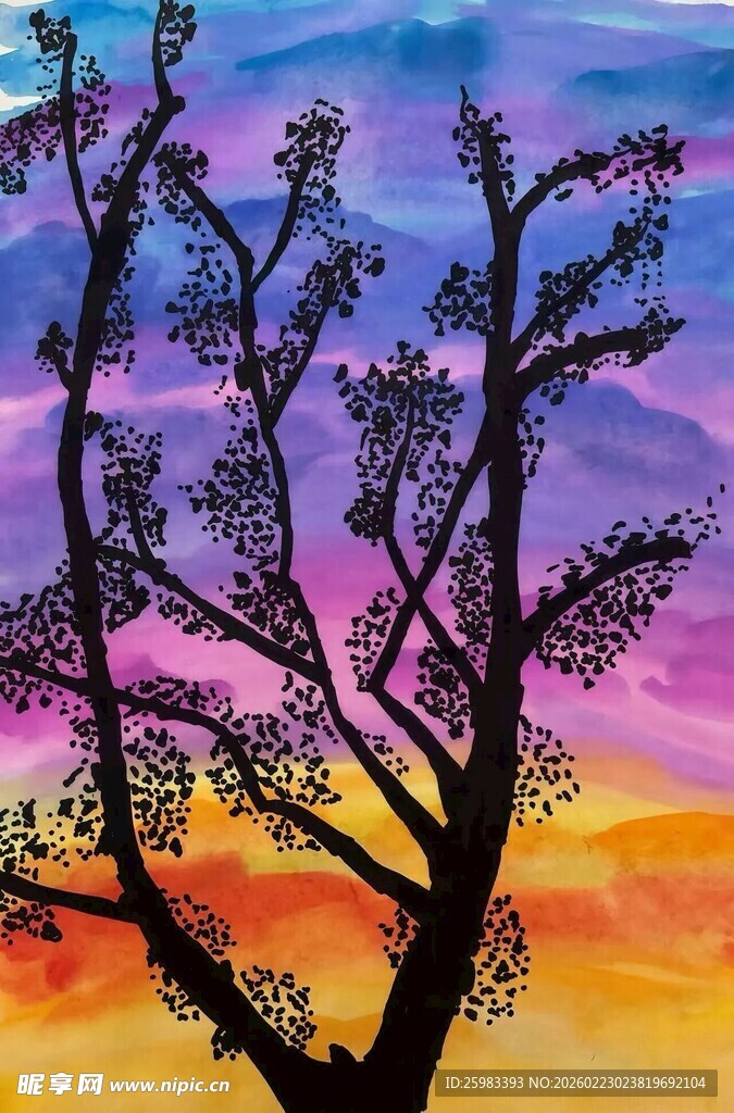 晚霞孤树插画
