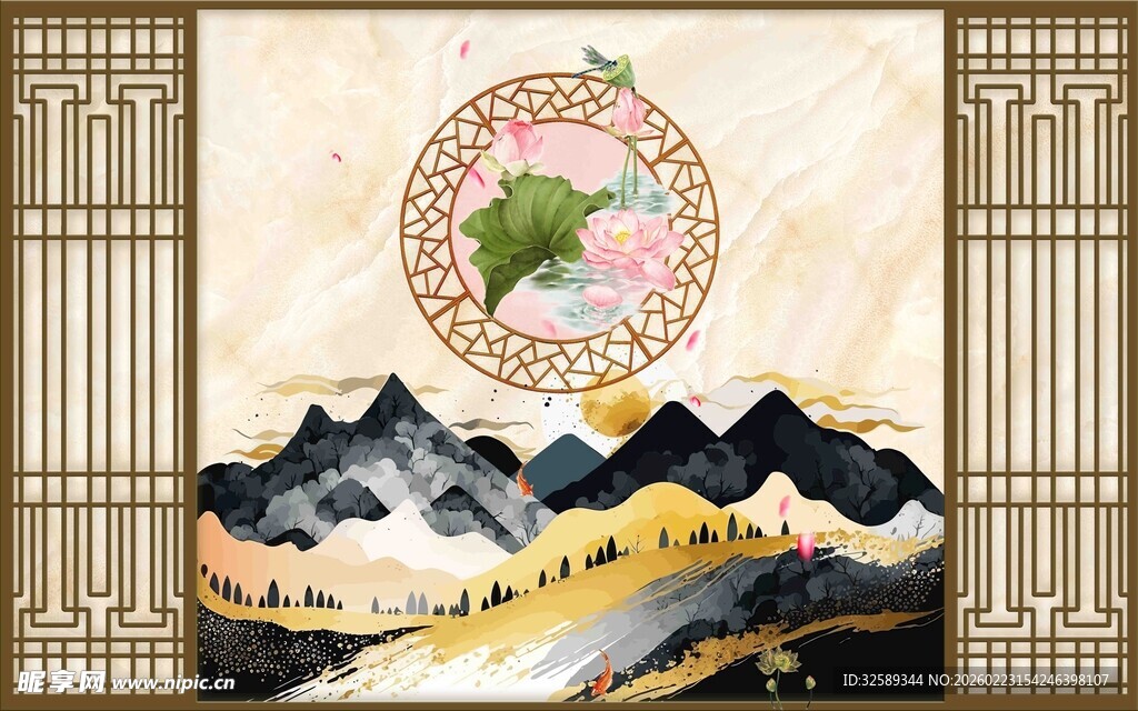 中式山水屏风装饰画