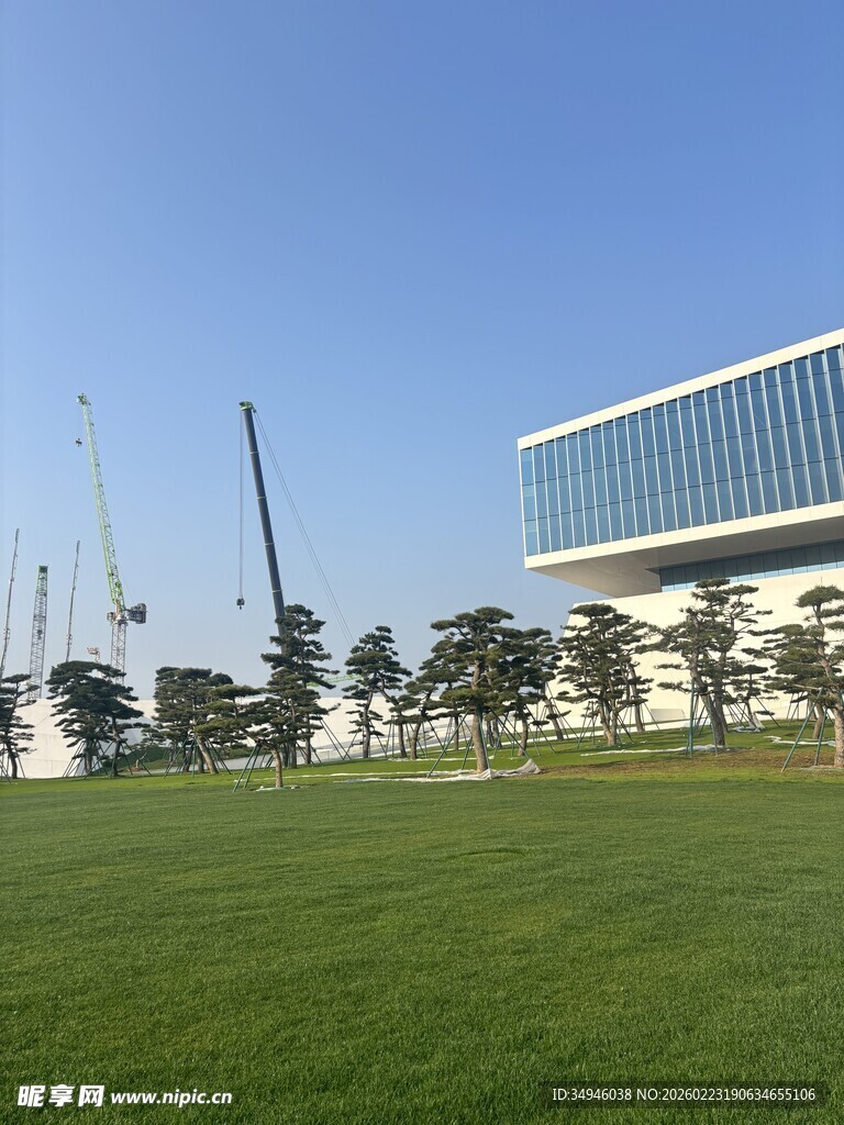现代建筑旁的开阔绿草地