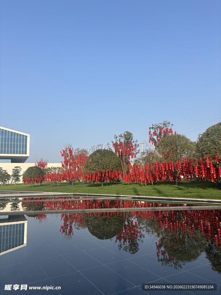 湖畔红树与建筑美丽景致