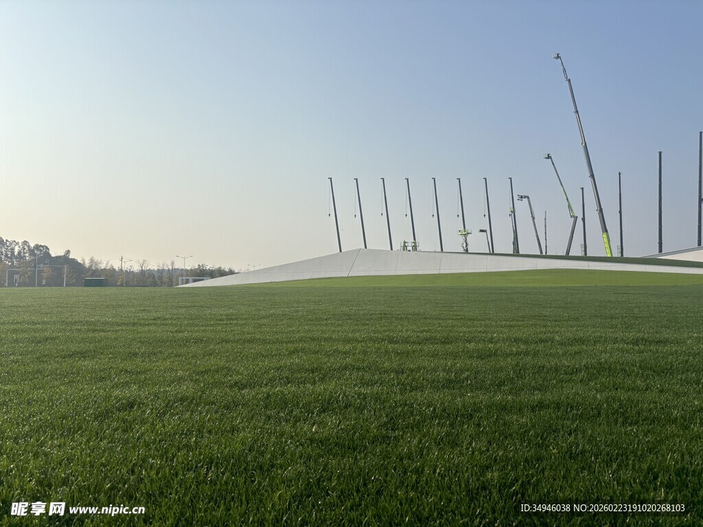 广阔绿草地与远处林立杆