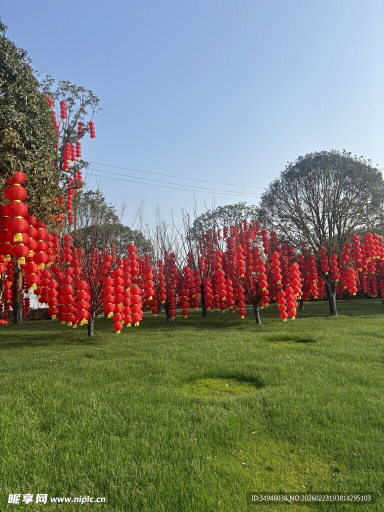 草坪上的红色祈福牌阵