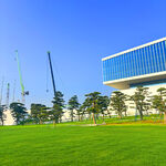 现代建筑旁的翠绿草坪