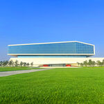 现代厂房前的翠绿草坪