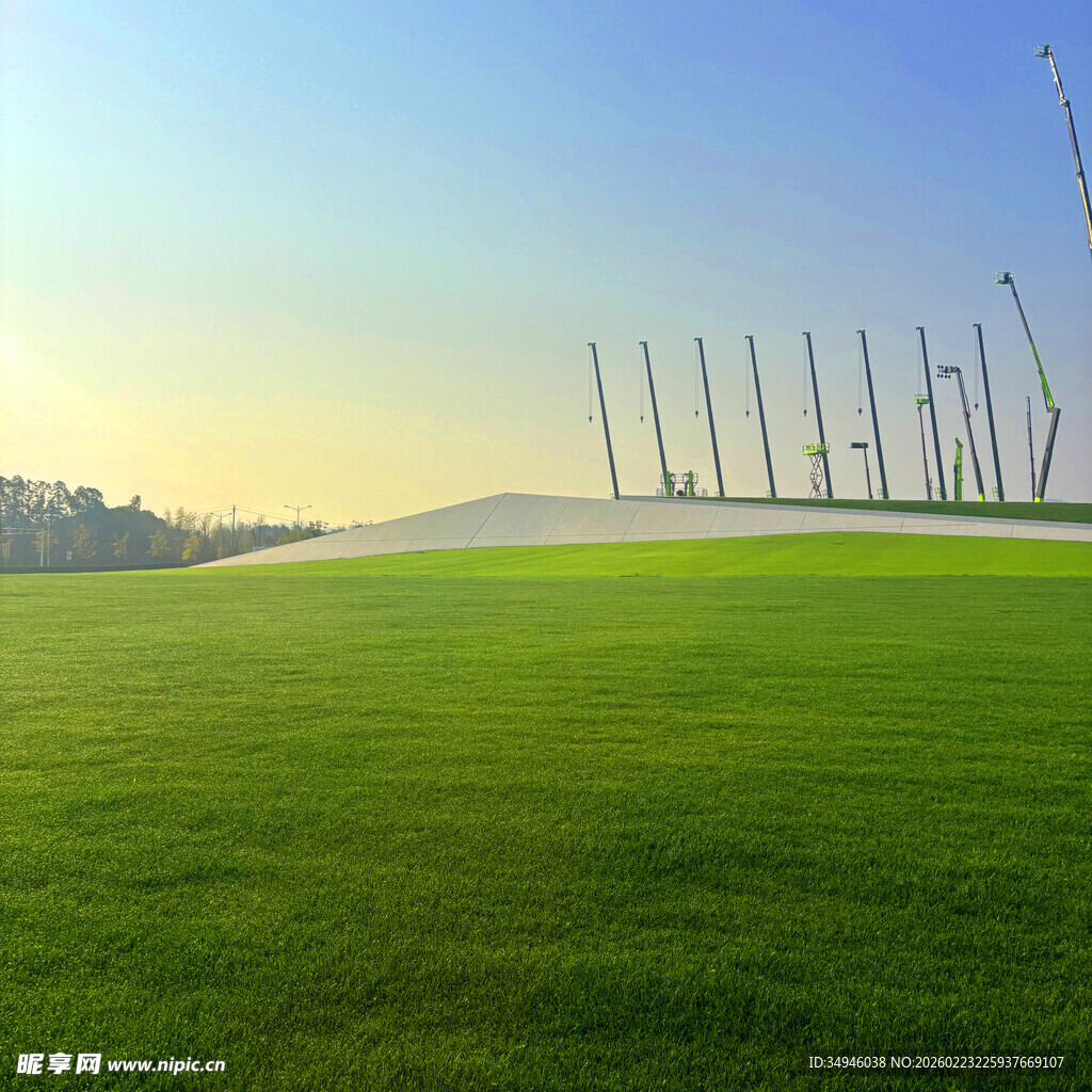 广阔绿原与远处林立杆景