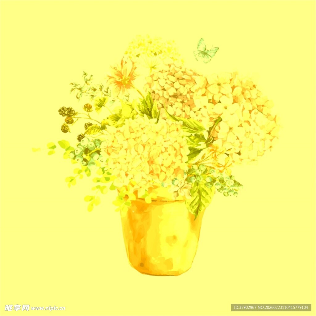 黄色花瓶中的清新花卉