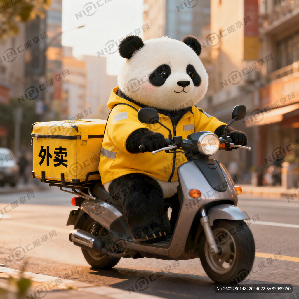 可爱卡通熊猫骑摩托送外卖 