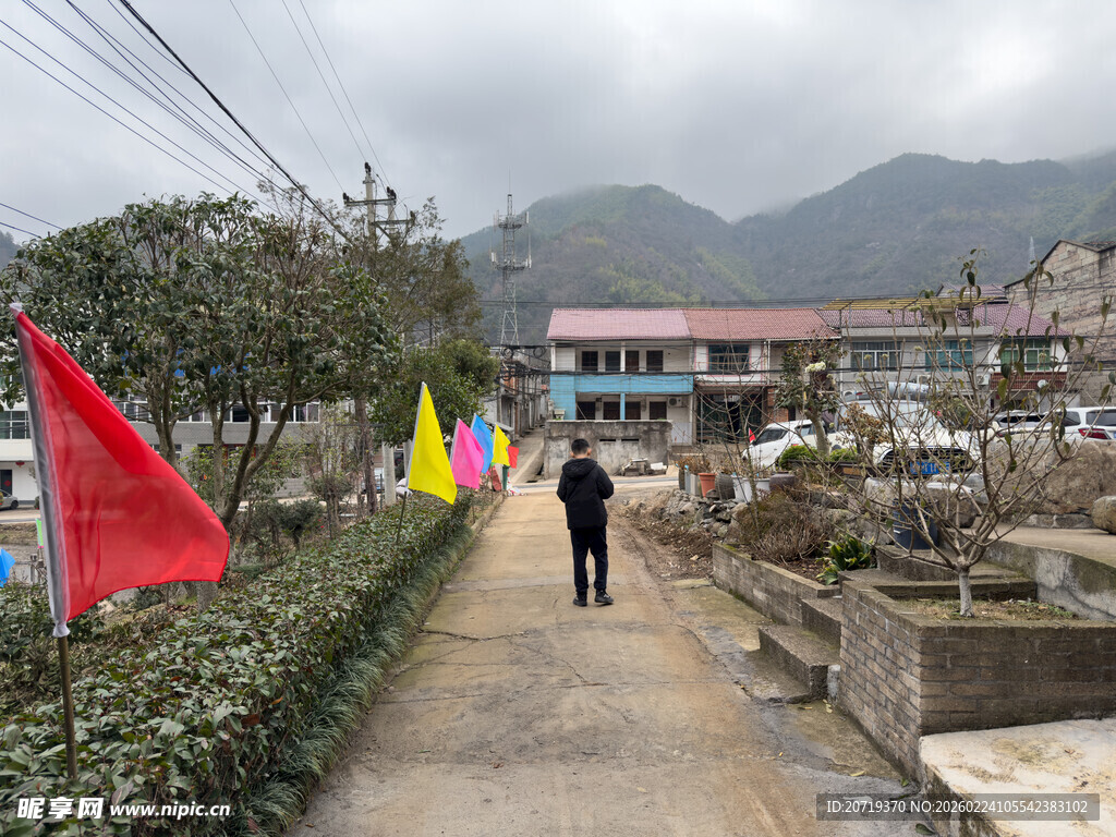 乡村小道插满彩旗的景象