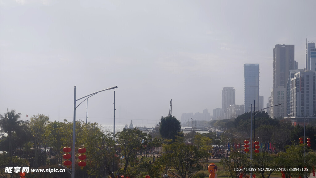 雾中城市与路旁绿树景观