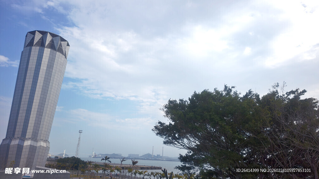 城市中的高耸建筑与绿树