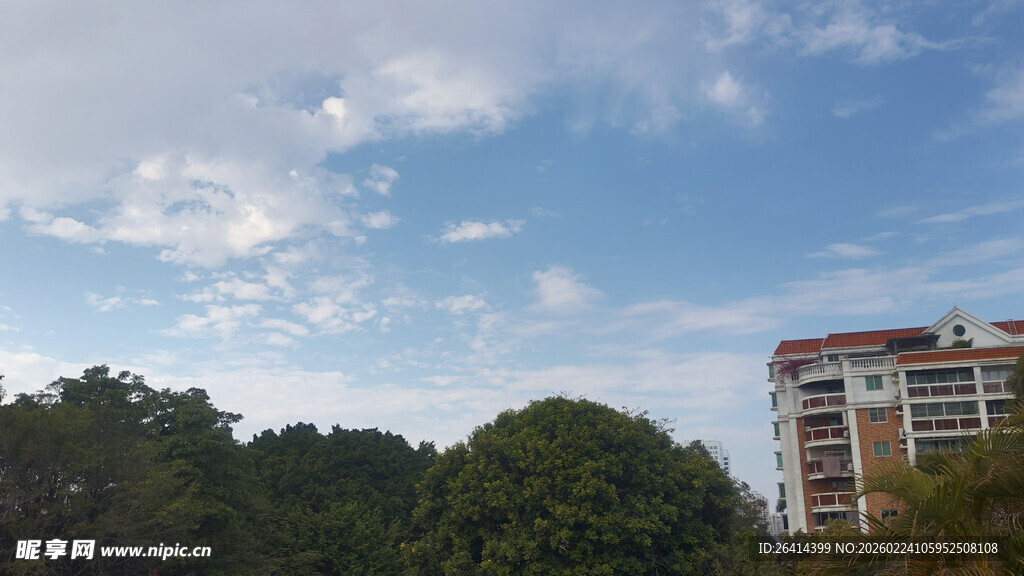 蓝天白云下的建筑与绿树