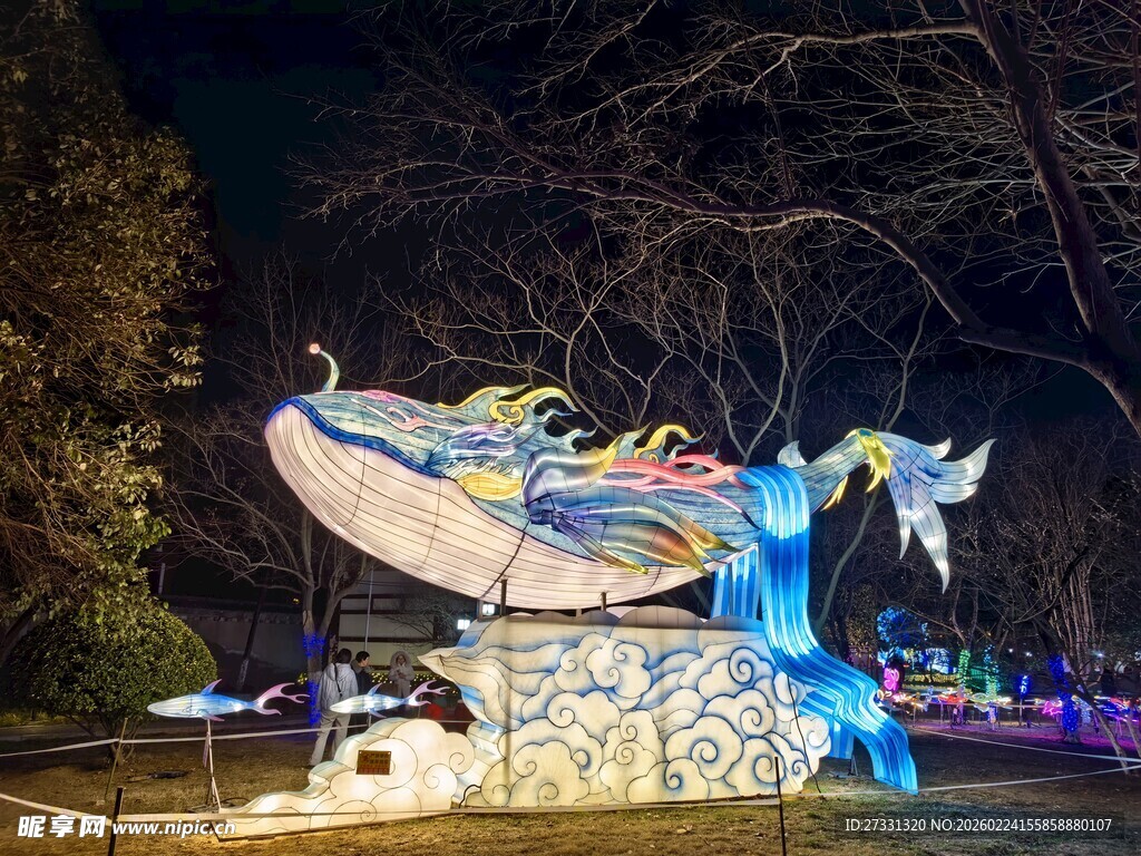夜下梦幻鲸鱼灯光雕塑