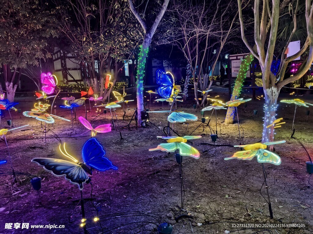 梦幻灯光下的多彩户外场景