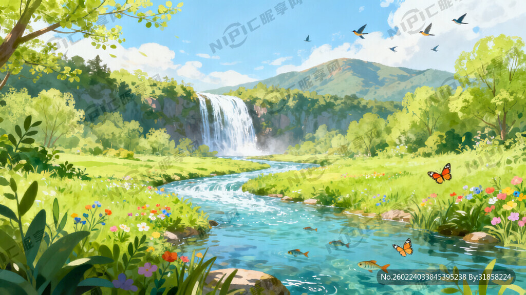 瀑布河流 平原草地 自然风光